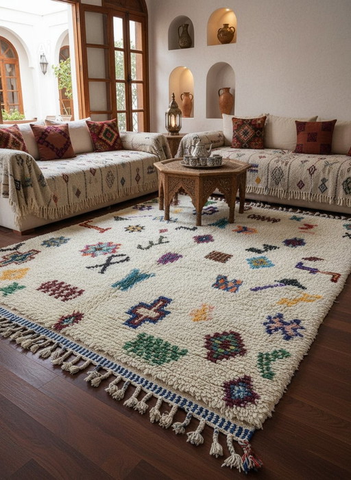 Tapis Marocain Coloré en laine naturelle. Tissé par des artisans