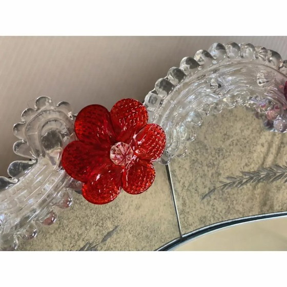 Image 1 of Venetian Murano Glass Oval Red Floral Wall Mirror – Hand-Carved Italian Art