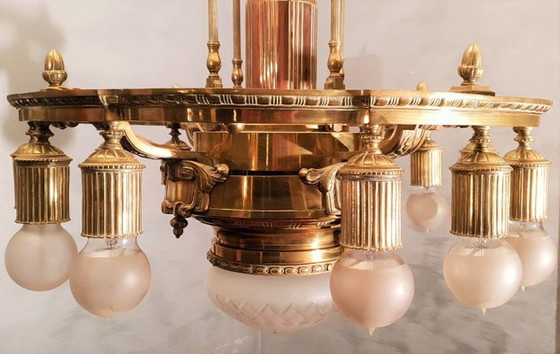 Image 1 of Vintage art deco copper wheel chandelier two tone copper 1900
