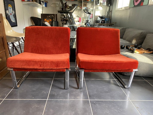 Paire de fauteuil siege chrome velours orange rouge terra cotta vintage 1970