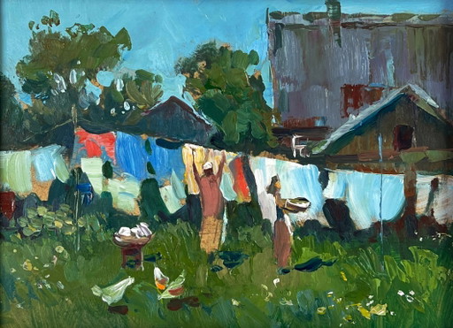 Original Oil Painting Summer Scene with Laundry Daytime Rural Life