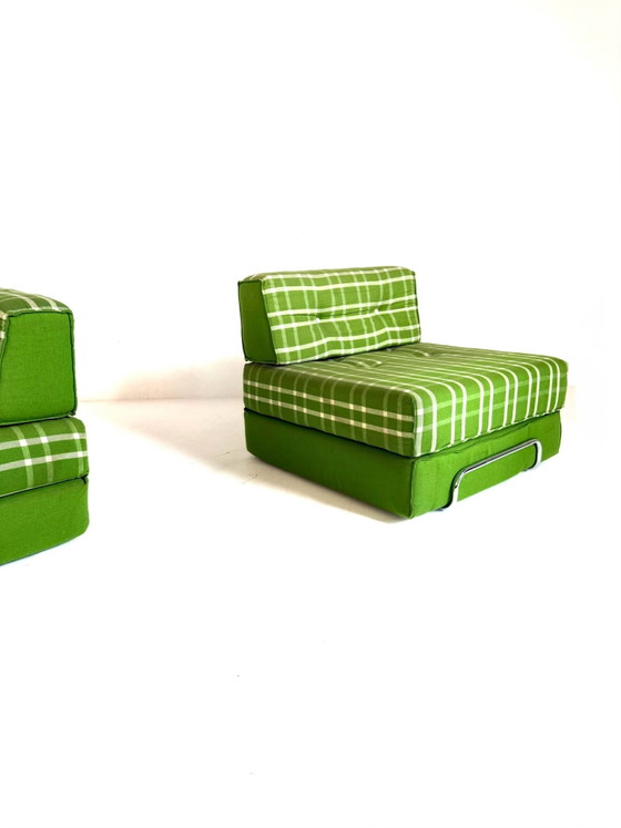 Set of 2 vintage convertible armchairs, Germany '80s, Chrome, Textile, Green (photo 12 of 14)