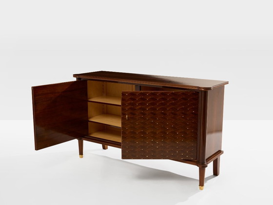 Jules Leleu two doors cabinet rosewood marquetry 1940, Sideboard, Brass, Brown, Vintage (photo 4 of 13)