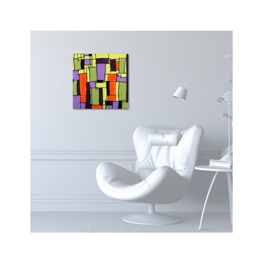 Modern abstract green, yellow, purple and orange mixed media painting