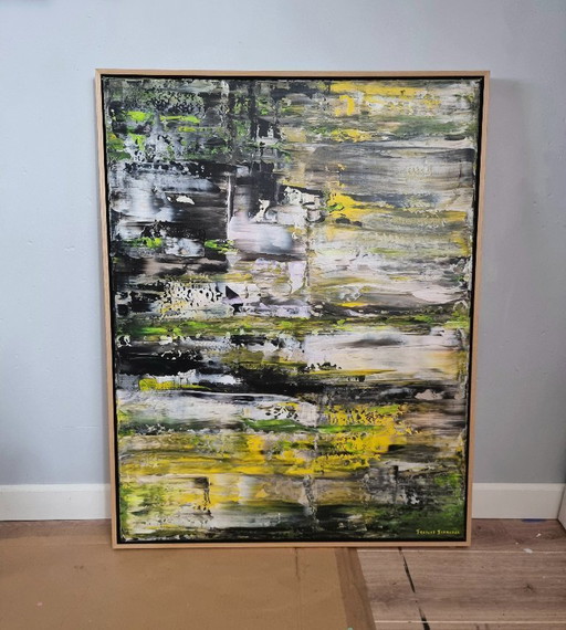 Frances Eckhardt - abstract modern schilderij zwart wit geel groen 70x90 cm ingelijst