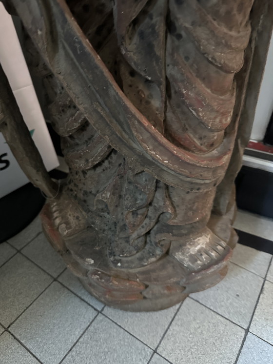 Image 1 of Monumentale, handgeschnitzte chinesische/südostasiatische Tempelstatue aus Holz – Polychromie – 128 cm (Guanyin/Bodhisattva)