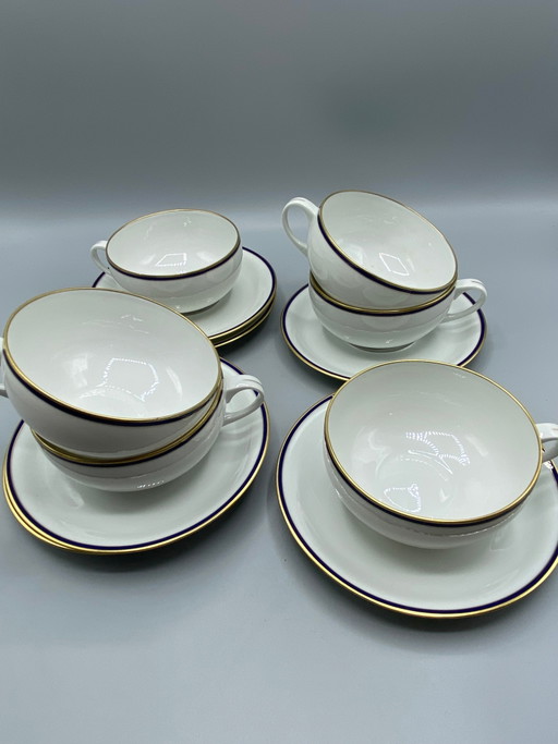 6 Limoges porcelain tea cups and 6 saucers, cobalt and gold – decoratieve objecten, Mid Century Modern