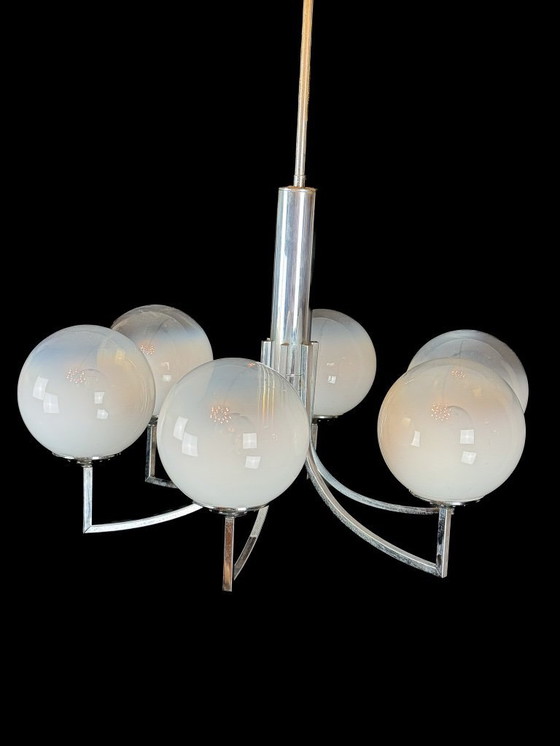 Image 1 of Lampadario a sei bracci in sfere di vetro di Murano e cromo. Italia anni '60