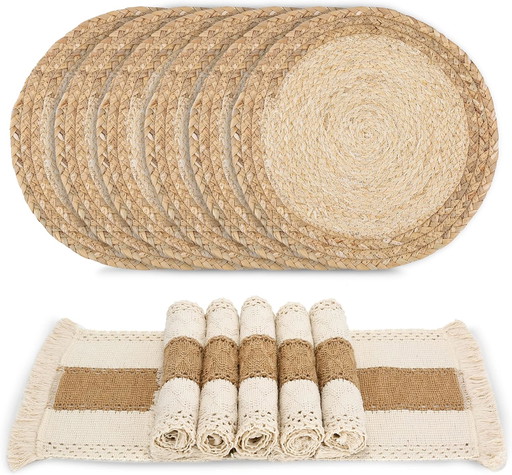 Zology Set of 6 hand-woven placemats in natural cotton hessian and woven water straw, macramé decoration e