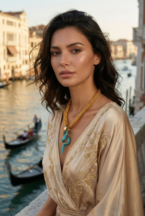 Image 1 of Murano Glass Chalcedony Snake Necklace with Gold Leaf – Venetian Handcrafted Sculpture