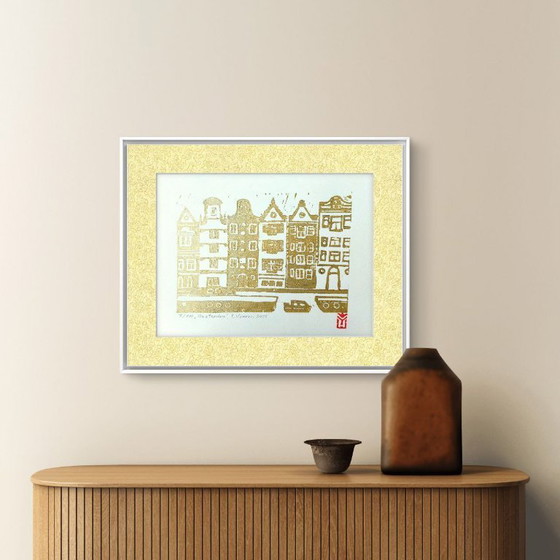 Image 1 of Amsterdam – Gold on White Linocut Print, а4