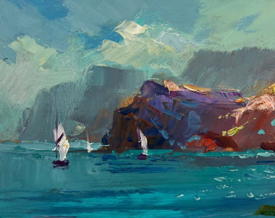 Image 1 of Original Oil Painting Coastal Rock Landscape Sailboats on the sea