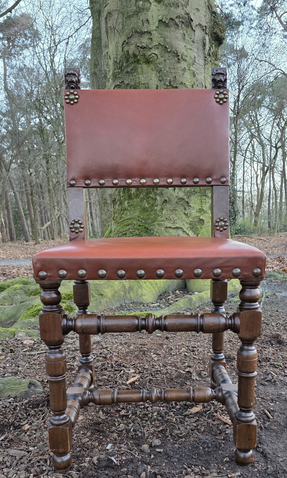 Image 1 of Set 4 vintage leren eetkamerstoelen eiken