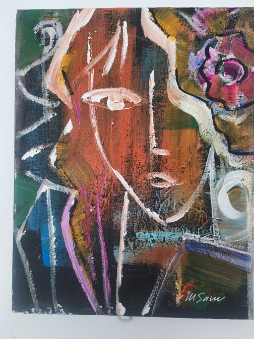 M Savu – Original Abstract Expressionist Portrait | Acrylic on Canvas Board | 30 × 24 cmo