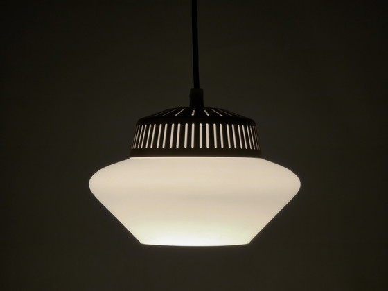 Image 1 of Rare 1950s Vintage Opal Arch Pendant Light By Svend Aage Holm‑Sørensen — Danish Mid-Century Modern Pendant Lamp.