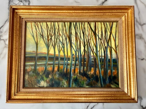 Tableau Très Ancien Huile Sous Bois Au Coucher De Soleil – schilderijen tekeningen, Wood (photo 2 of 9)