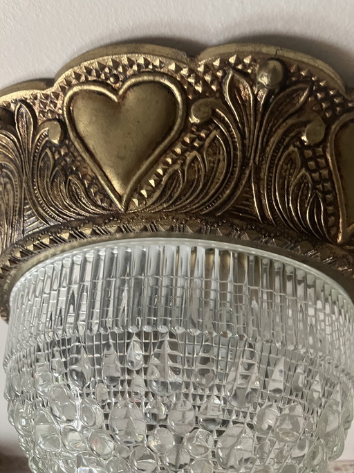 Vintage Art Deco Ceiling Light – Brass with Heart Motif – Crystal Glass