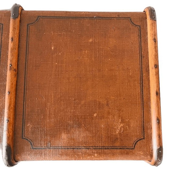 Image 1 of Antique XL canvas trunk with wooden bumpers 1900s