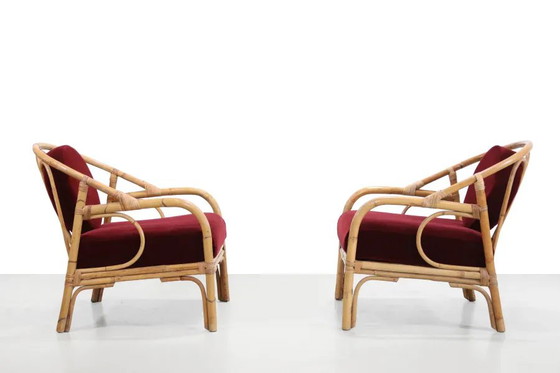 Set di 2 poltrone in bambù e rattan con rivestimento in mohair color rosso bordeaux. – Sedie da giardino (photo 3 of 7)