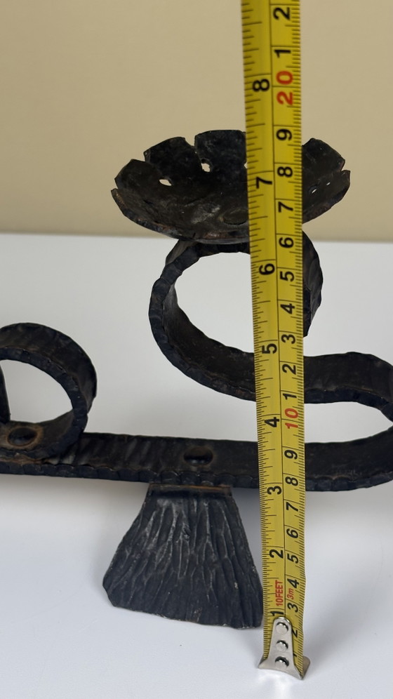 Image 1 of Brutalist forged black iron handmade Scandinavian Viking boat candlestick