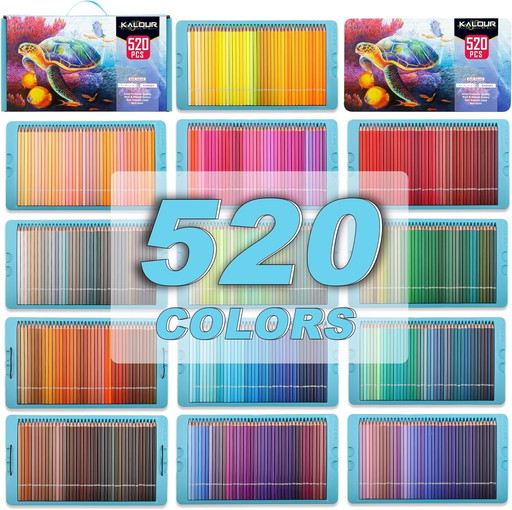 KALOUR Pro Crayons de Couleur, Ensemble de 520 Couleurs, Mine Douce pour Artistes avec des Couleurs Vibrantes, Idéal pour le Des