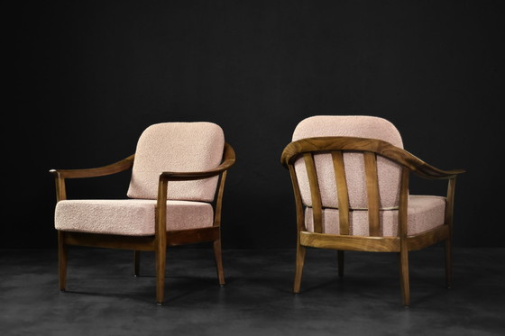 Image 1 of Mid-Century German Modern Elegante Kirschholz- und schmutzigrosa Stoffsessel von Wilhelm Knoll, 1970er Jahre, 2er-Set