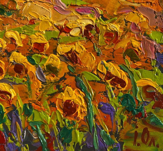 Image 1 of Original Oil Painting Summer Flowers Landscape Field of sunflowers
