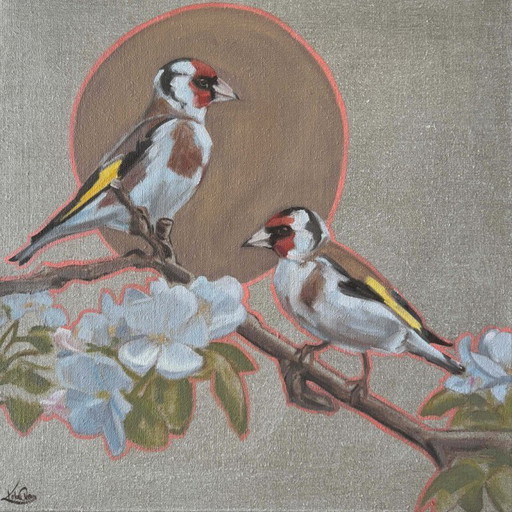 Goldfinches with apple blossom, oil on canvas 50x50, Sandra Kolondam