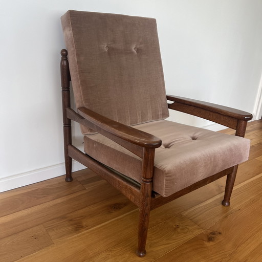 Vintage Oak Armchair with Turned Legs – Mid-Century – fauteuils, Textile, Velvet (photo 2 of 6)