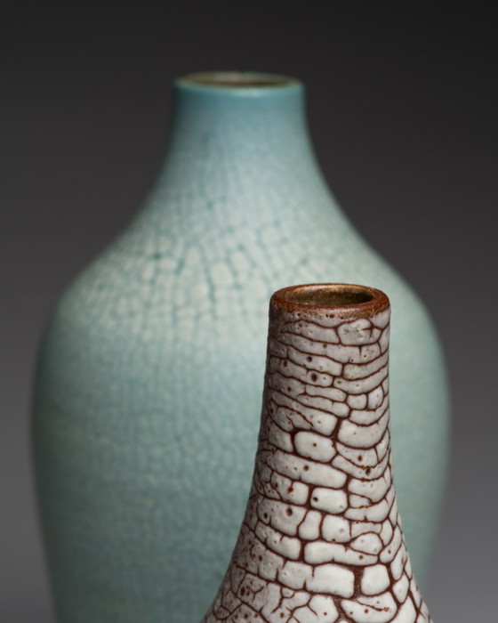 Image 1 of ALBERT KIESSLING "SNAKESKIN" Vase TRIO East German Pottery REDUKTIONSGLASUR GDR