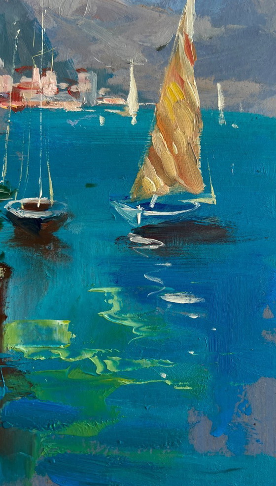 Image 1 of Original Oil Painting Summer City Landscape Sunny days by the sea