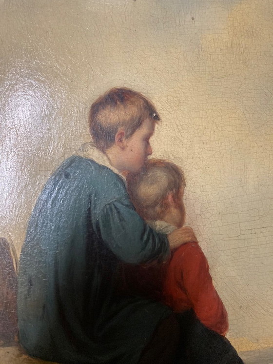 Image 1 of Peinture à l'huile ancienne sur panneau de bois représentant deux enfants
