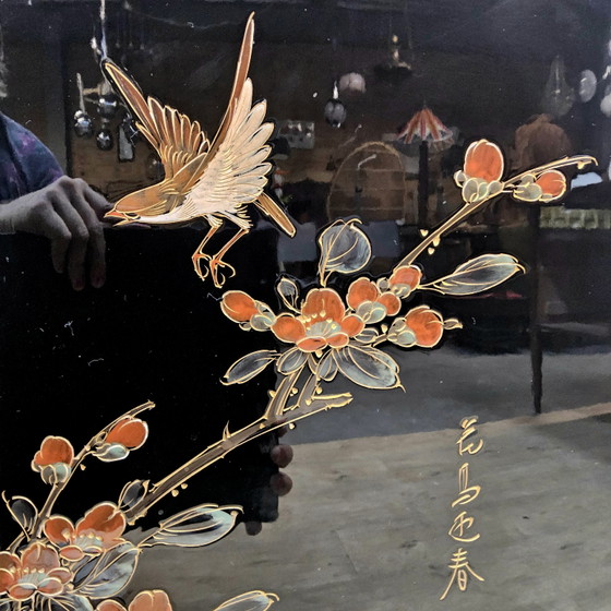 Vintage Chinese Lak Kast Zwart Bloemen En Vogels / Bohemian / Oosterse / Aziatische Bruidskast – Opbergkast (photo 11 of 15)