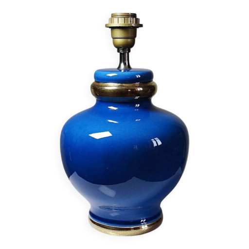Vintage Lampe Att. Le Dauphin aus kobaltblauer und goldener Keramik, 1960er-1970er Jahre.