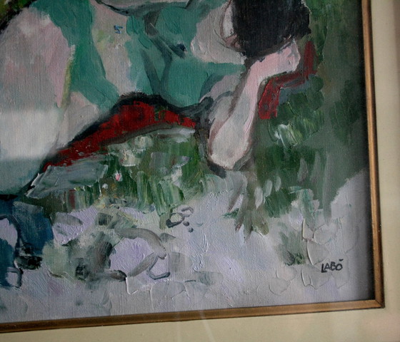 Image 1 of Peinture à l'huile sur toile, "Femme couchée", par Savino Labò, signée