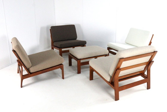 Image 1 of Gruppo di sedute comfort 'Nimtofte' | 4 poltrone + poggiapiedi vintage danese