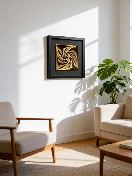 Image 1 of 3D-geprinte gele spiraalvormige wanddecoratie – geometrisch ingelijst kunstwerk, PLA-sculptuur