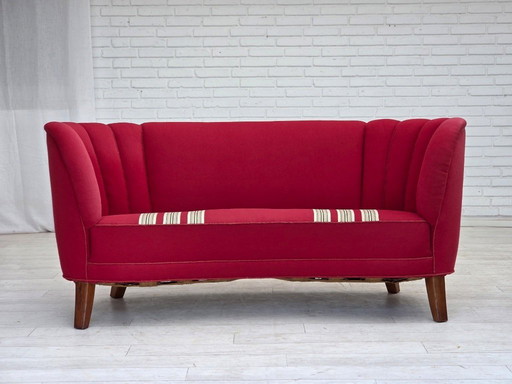 Divano danese "Banana" a 2 posti, anni '60, lana per mobili, gambe in legno di quercia.