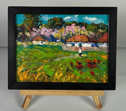 Peinture à l'huile originale représentant un paysage rural, une rue et le parfum printanier du village