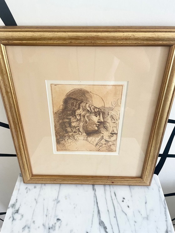 Image 1 of Grabado antiguo enmarcado, según Leonardo da Vinci, perfil masculino renacentista, marco de madera dorado, 40 x 36 cm, decoració