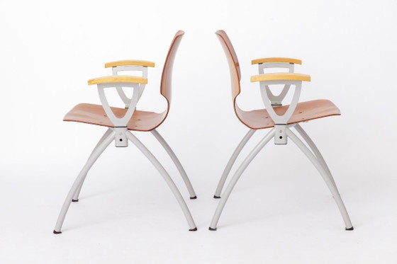Image 1 of Set of 4 Vintage Pagholz Stackable Chairs, Industrial Dining Chairs, Germany 1970s, Beech Wood Armrests