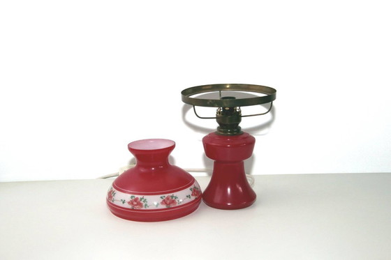 Image 1 of Petroleum lamp, red glass shade, opal glass, GDR 1970s nostalgia