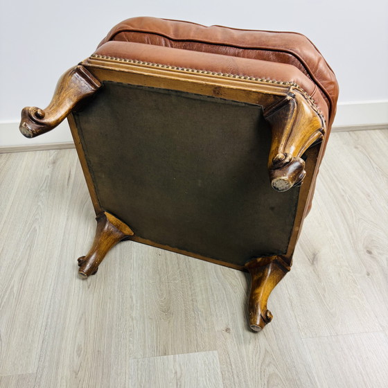 Image 1 of Vintage Queen Anne leather footstool with cabriole legs