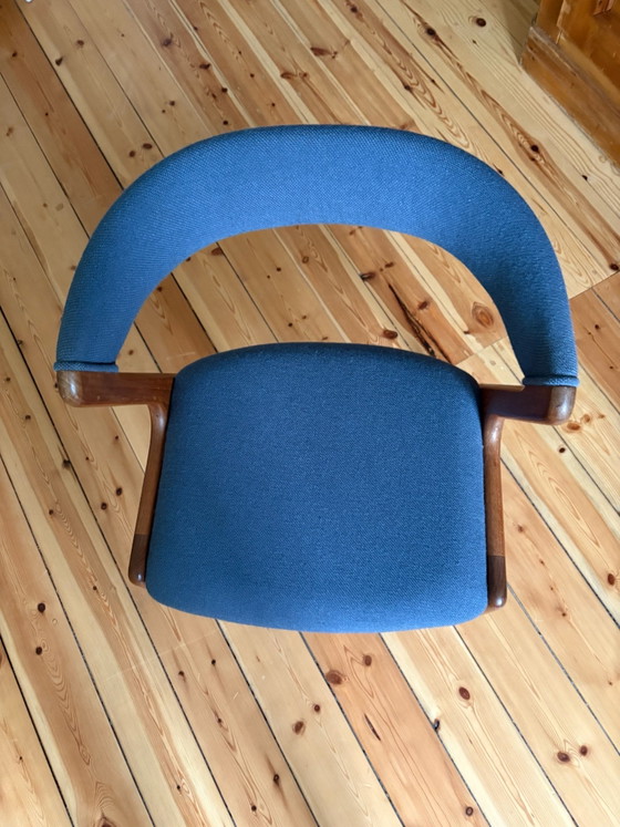 Mooie Vintage Teak Mid Century Stoel, Eetkamerstoelen, Textiel, Hout, Blauw (foto 3 van 5)