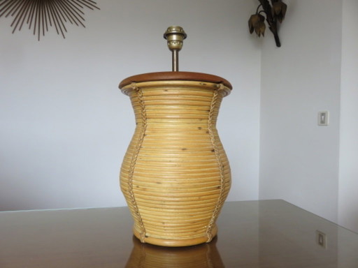 XXL lamp in the style of Gabriella Crespi, rattan, leather and wood, 60s-70s
