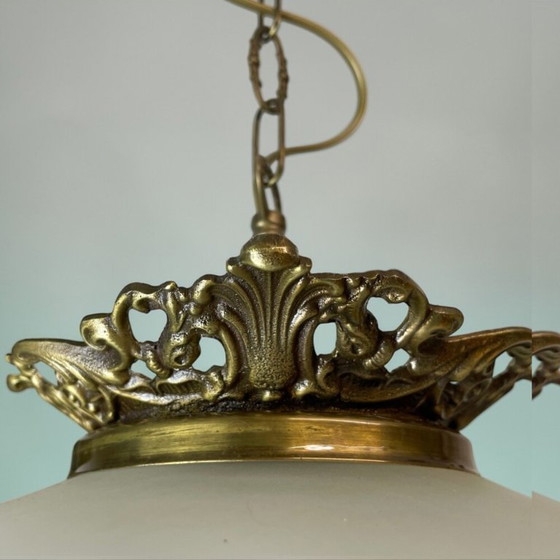 Image 1 of Portuguese regency-inspired frosted glass pendant with ornate brass crown