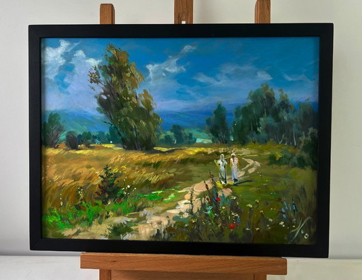 Original Oil Painting Summer Nature Landscape A light breeze on a flower field