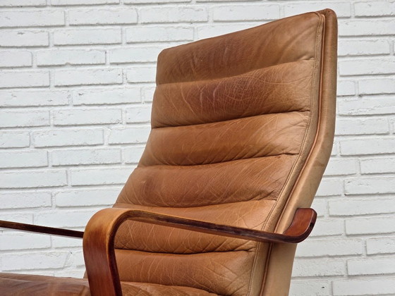Jaren 70, Scandinavische Hoge Rug Fauteuil, Meubelleer, Gebogen Hout – Canvas (photo 4 of 20)