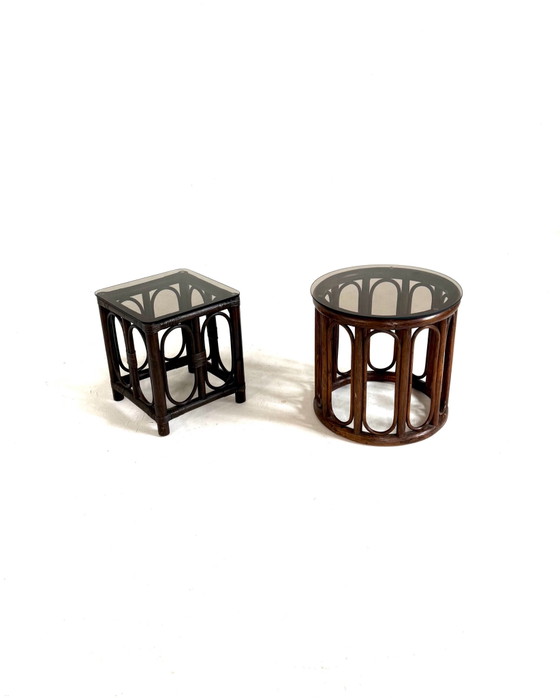 Set of 2 Manou & Smoked Glass Side Tables '70 – Wicker, Rattan (photo 6 of 8)