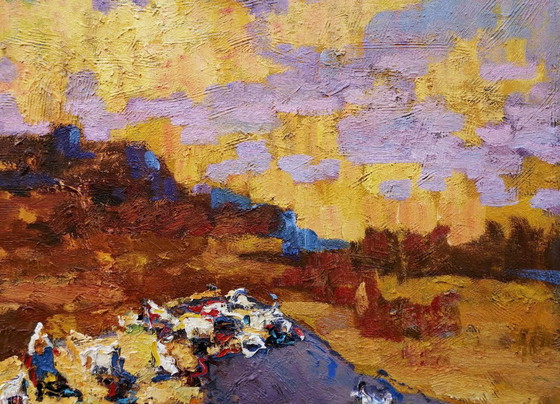 Original Oil Painting Countryside Hills Pasture Evening Landscape, Paintings & Drawings, Canvas, Orange (photo 6 of 11)